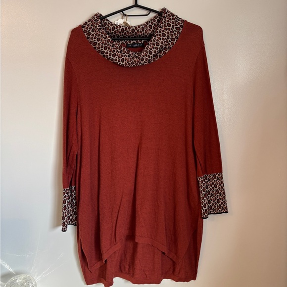 Parkhurst Sweaters - Parkhurst Rust Cowl Neck Sweater with Leopard Trim